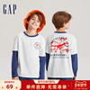 gap男童秋季纯棉假两件长袖，t恤儿童装，运动微弹休闲上衣736017