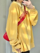韩版奶系chic黄色卫衣大码薄款休闲宽松外套ins潮设计感上衣