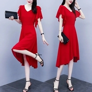 纯色连衣裙2021夏女韩版中长款不规则，气质雪纺有女人味的裙子