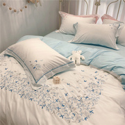 1.8简约小清新全棉斜纹，四件套天蓝色刺绣纯棉，床单被套米床上用品