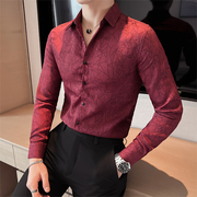 香港暗纹衬衫男长袖春秋2023休闲韩版潮流修身玫红色条纹衬衫