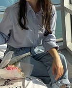 韩系慵懒风衬衫女2023春季宽松百搭设计感衬衣小众淡蓝色上衣