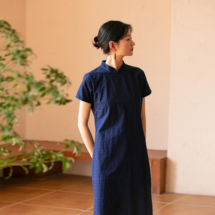 布小匠原创设计夏季纯棉手工植物染提花连衣裙蓝染复古中长裙