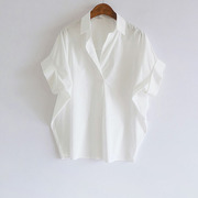 白色宽松蝙蝠袖翻领棉衬衫女港风设计感夏季简约纯色短袖衬衣