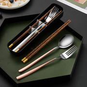 木筷子勺子套装单人一人用不锈钢，三件套学生便携餐具筷勺收纳盒