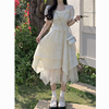 茶歇法式白色方领雪纺连衣裙，女夏季小个子纱裙蛋糕，蓬蓬仙女长裙子