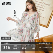 妖精的口袋法式雪纺连衣裙女2024夏季小众设计感v领印花裙子
