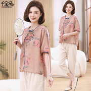 中式国风妈妈夏装雪纺，小衫洋气中老年女夏季套装时尚纯棉上衣