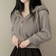 韩国chic秋冬法式复古设计感拉链连帽长袖，短款针织衫毛衣开衫外套