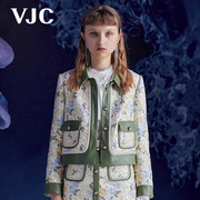 VJC/威杰思秋冬女装复古拼接长袖小香撞色碎花短款外套