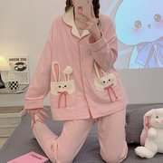 睡衣女春秋季长袖纯棉可外穿套装粉色可爱兔子学生宽松大码家居服