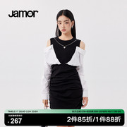 jamor撞色拼接连衣裙女2023秋季褶皱，辣妹假两件连衣裙