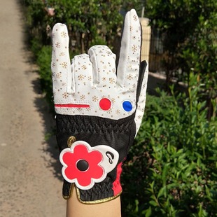 高尔夫手套女双手皮革防滑时尚透气golf手套韩款花朵，耐磨舒适练习