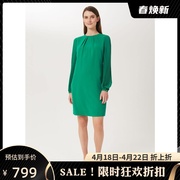 hobbs长袖连衣裙一步裙褶皱绿色，直筒纯色优雅英伦，淑女通勤ol百搭