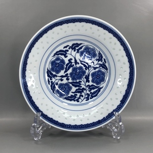 景德镇陶瓷青花玲珑釉下彩，8英寸汤盘牛排深菜盘碟子餐具中式