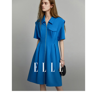 ELLE法式短袖收腰蓝色连衣裙女2024夏季显瘦小众高级感裙子