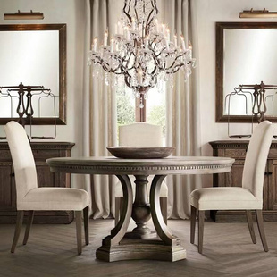 美式乡村全实木圆桌欧式家用做旧仿古圆形饭桌法式橡木餐桌椅组合