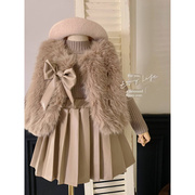 韩国女童套装秋冬款仿皮草马甲洋气小女孩皮裙加厚时髦炸街三件套