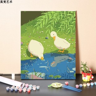 数字油画diy手工填充小鸭子戏水手绘治愈童年儿童房涂色油彩画画