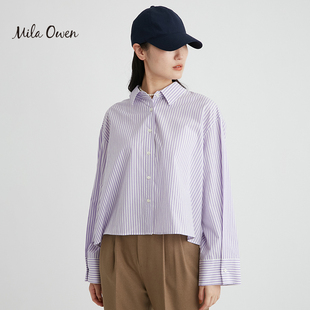 Mila Owen 秋季款休闲简约气质学院风条纹长袖短款衬衫上衣女士