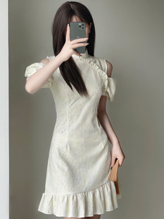新中式国风改良旗袍，2023夏季法式泡泡，袖露肩少女短款连衣裙