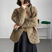 日系双排扣菱格轻薄棉服女秋冬设计感小众宽松小个子立领棉衣外套