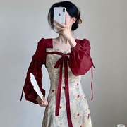 2023春秋红色气质假两件女装连衣裙复古新中式，国风汉服裙子女