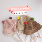 夏季婴儿帽子手工，编织彩球草帽6-12月12-3岁男女宝宝遮阳帽可折叠