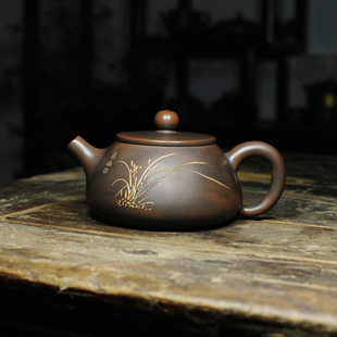 钦州坭兴陶名家兰花石瓢壶茶壶纯全手工紫泥砂壶工艺茶具