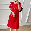 欧美时尚露肩圆领钉珠s荷叶，边中长款修身喜气红色连衣裙惊艳礼服