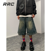 rrc美式复古做旧直筒，简约牛仔短裤男宽松阔腿裤子五分裤子潮