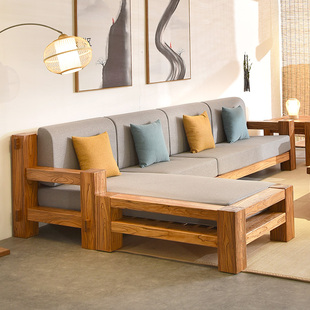 老榆木实木沙发北方新中式木客厅，家具全原木，简约现代木头布艺轻奢
