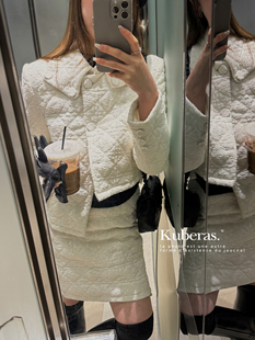 kuberas漫步香榭高级格纹粗纺白鸭羽绒，小香外套+半裙套装2色入