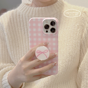 可爱女款iphone14ProMax手机壳XS/11小清新粉色格子12支架苹果13 Pro半包硬壳菲林壳