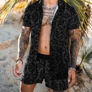 2024男士夏威夷海滩套装印花短裤衬衫短款印花套装men'ssuit
