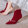 冬季婚鞋细跟短靴女2022年秀禾服新娘鞋红色高跟靴子加绒婚靴