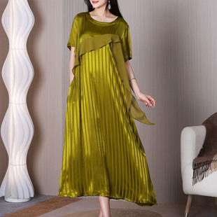 醋酸丝连衣裙高级感23夏季纯色大码拼接垂感十足条纹修身长裙