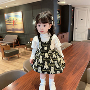 韩版女童春秋款高领泡泡袖打底衫+卡通背带裙套装ins婴童两件套潮