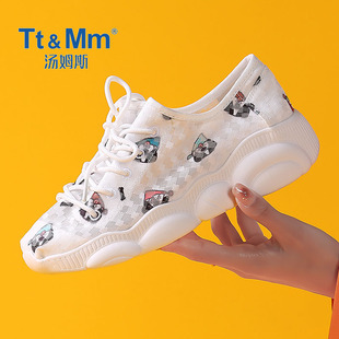 Tt&Mm/汤姆斯女鞋夏季厚底蕾丝布鞋白色百搭休闲轻便松糕单鞋