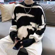 黑白毛衣外套男2023年冬季美式复古慵懒风潮牌oversize圆领针织衫