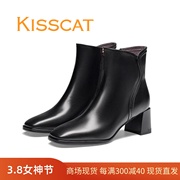 KISSCAT接吻猫2023冬款黑色高跟女鞋牛皮粗跟女短靴子KA43712-12