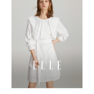 ELLE白色设计感圆领系带连衣裙女2024春装小个子显瘦长袖裙子
