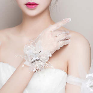 新娘手套结婚蕾丝仙美花朵白色女薄款春夏拍照韩式婚纱手套舒影