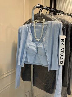 春季纯欲韩版简约纯色，针织开衫+背带褶皱，吊带背心两件套装女
