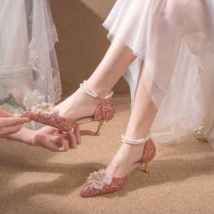 水晶单鞋凉鞋一字带，细跟法式成人礼服宴会，红色高跟伴娘婚鞋新娘鞋