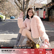NIMO WANG 粉色环保皮草女秋冬短款显瘦超好看上衣羊羔毛卷毛外套