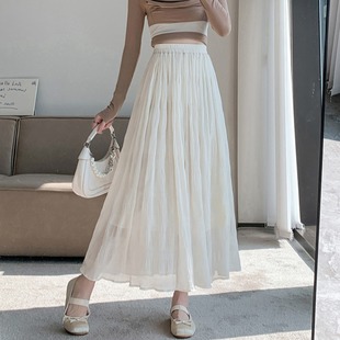 白色长裙仙女半身裙2024春夏高腰一步裙超长款显瘦百褶伞裙子