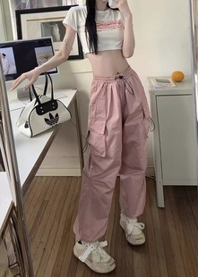 粉红色工装休闲裤女夏季高腰宽松小个子，美式抽绳设计感小众运动裤