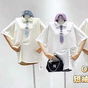 2024夏季甜美韩系POLO翻领领带设计百搭宽松减龄学生短袖T恤女