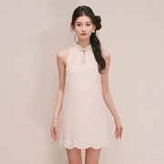 新中式精致盘扣白色无袖，连衣裙女夏季设计感小个子千金风短裙